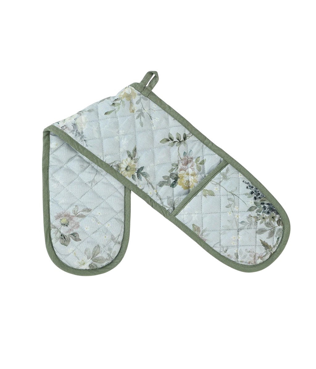 MM Linen Zinnia double oven glove with a pastel floral print