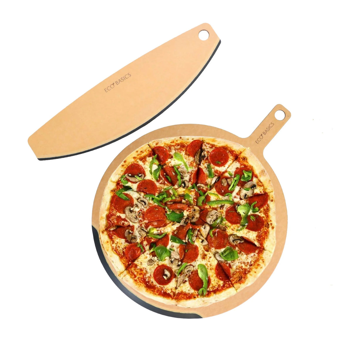 Eco Basics pizza cutter and paddle combo in pale wood, shown slicing a pepperoni pizza