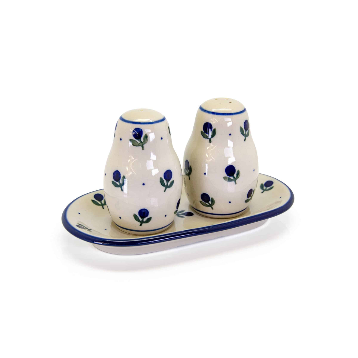 Polish Ceramics salt and pepper set with a tray, cream with blue tulip patterns
