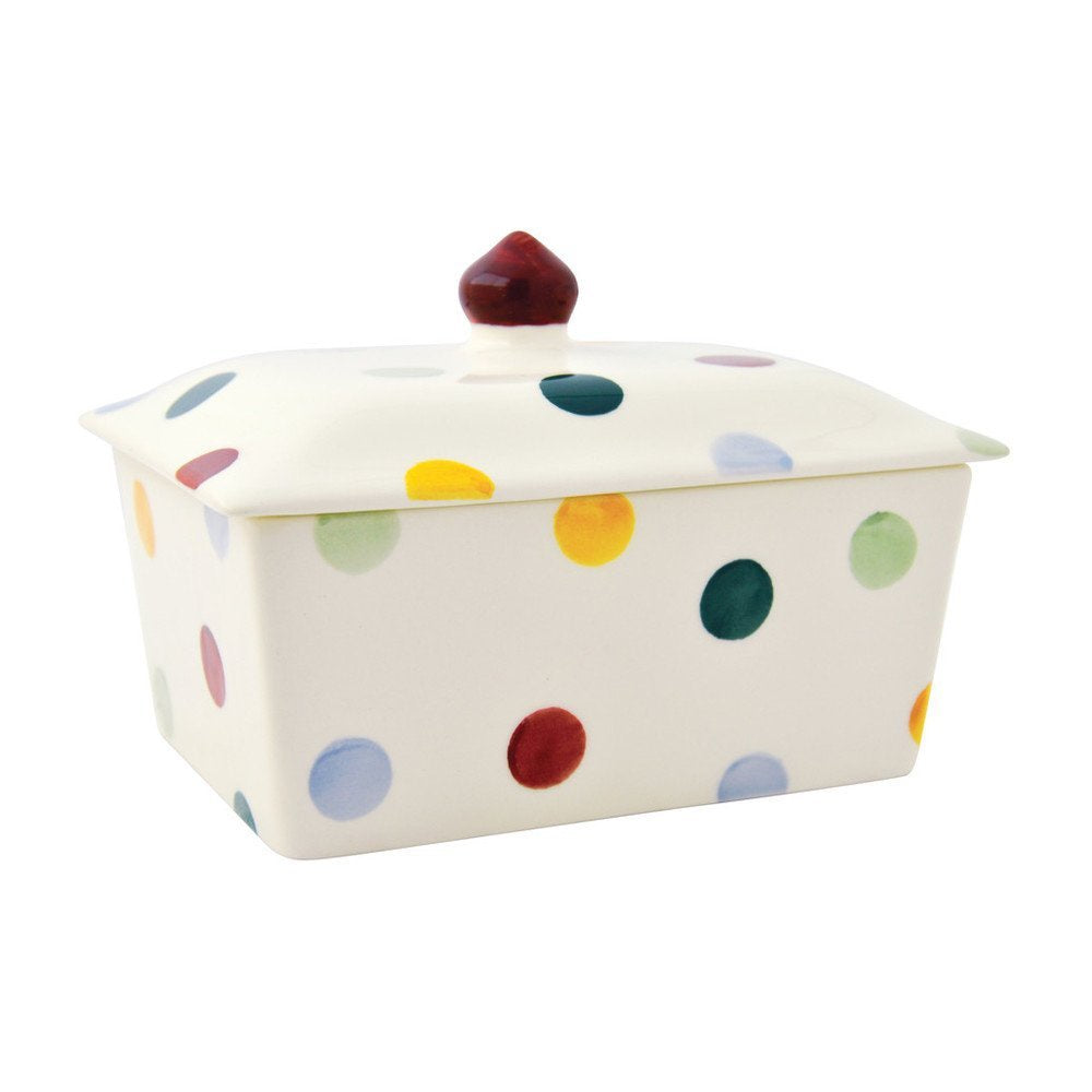 Emma Bridgewater Polka Dot butter dish in cream with multicoloured spots and a red knob
