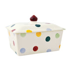 Emma Bridgewater Polka Dot butter dish in cream with multicoloured spots and a red knob