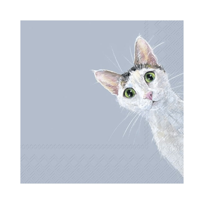 IHR luncheon napkin with a painted white cat peeking in on a light blue background