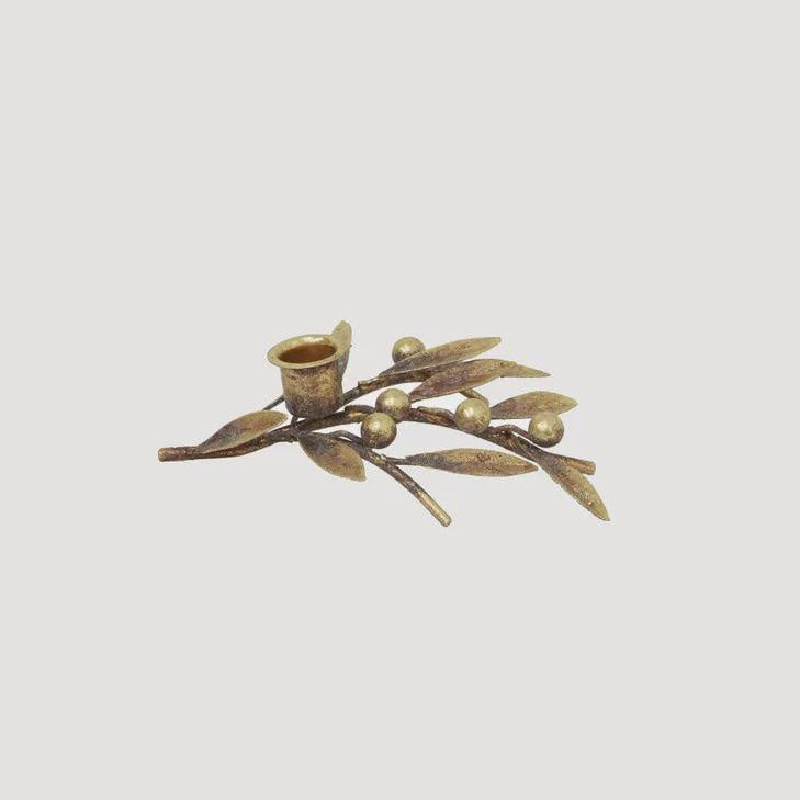 French Country Mistletoe iron candleholder in aged gold, shaped like a mistletoe sprig