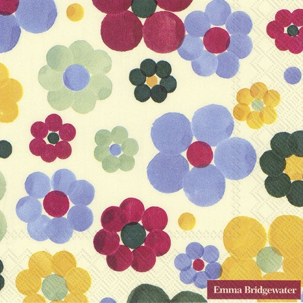 IHR luncheon napkin with an Emma Bridgewater Polka Floral print of purple, red and yellow flowers on cream