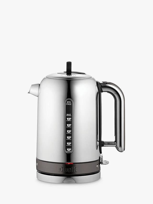 Dualit classic 1.7 litre jug kettle in polished chrome with a charcoal base