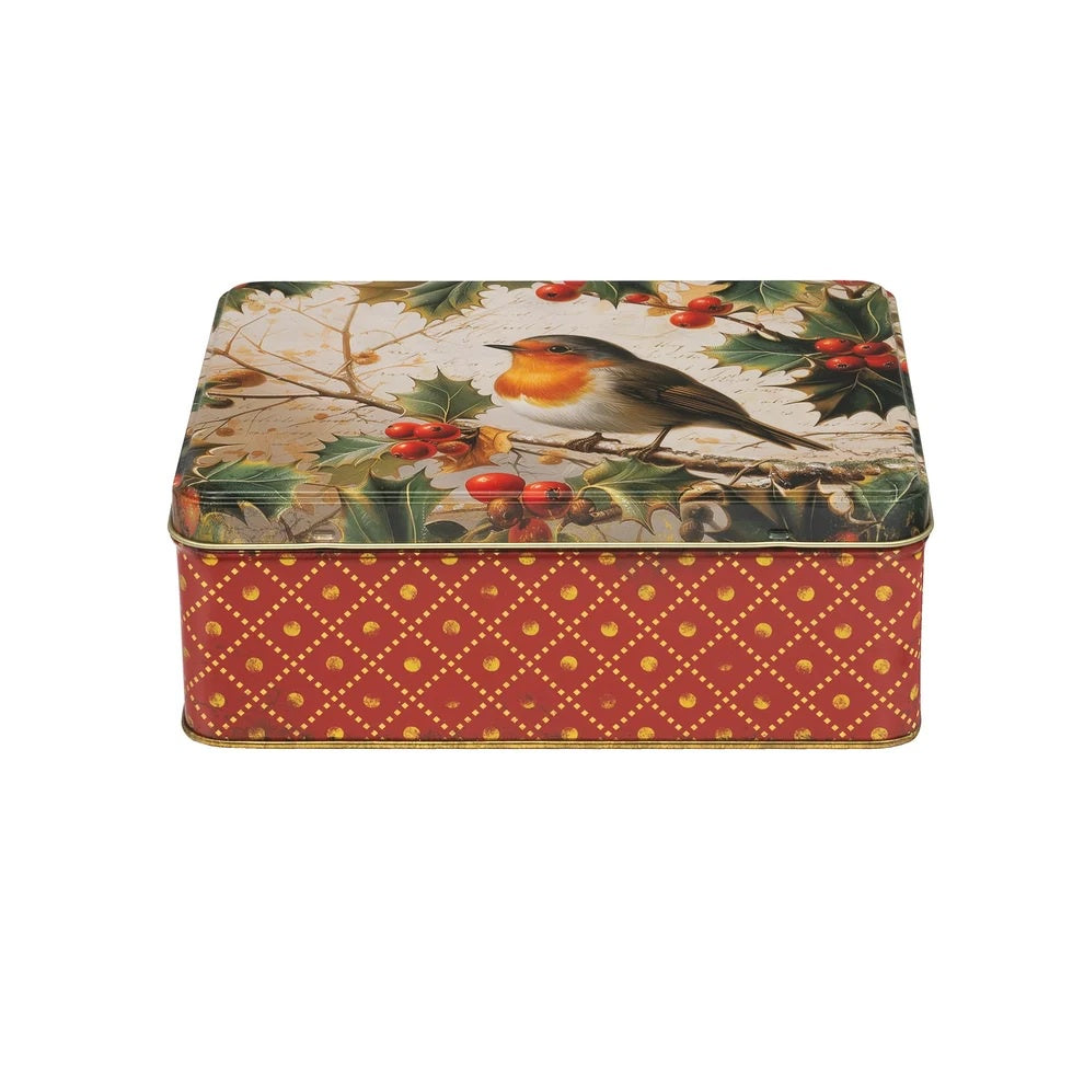 Nostalgia Robyn rectangle deep tin with an illustrated robin and holly pattern