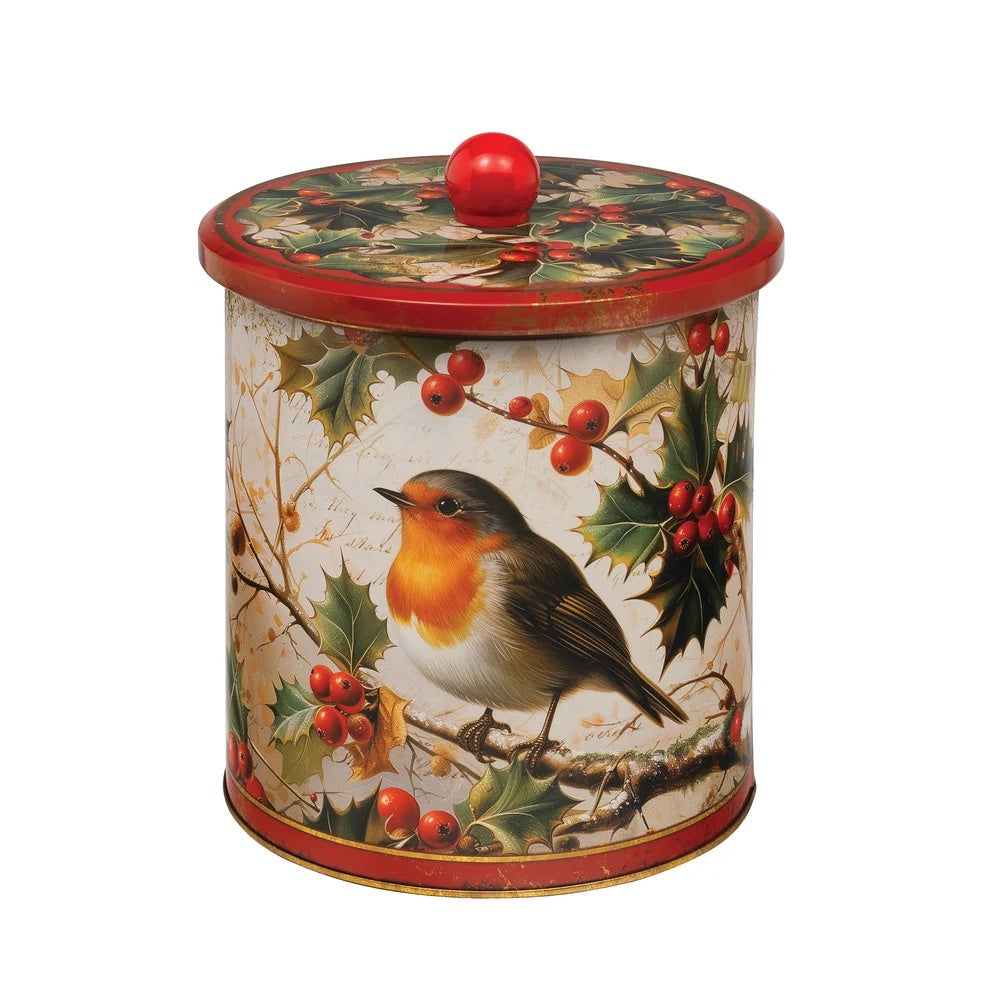 Nostalgia Robins medium biscuit barrel with an illustrated robin and holly pattern