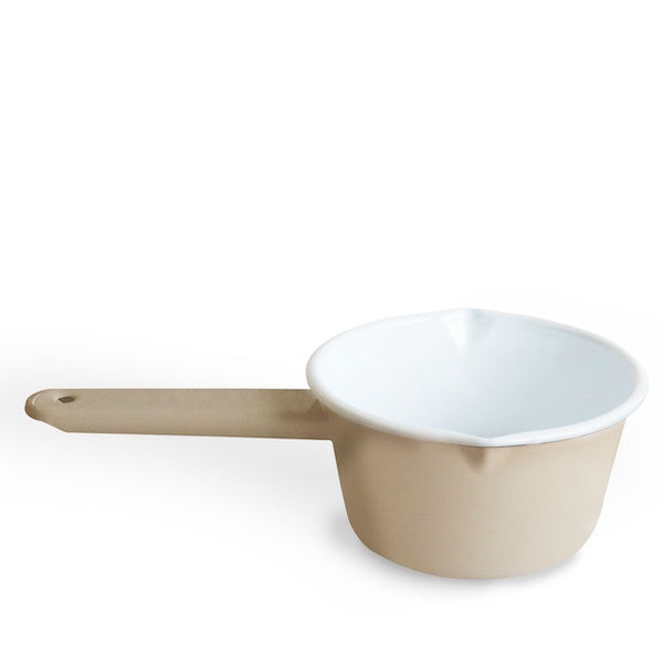 Dishy enamelware cafe milk pan, 14cm, in almond with a white interior and a pouring spout
