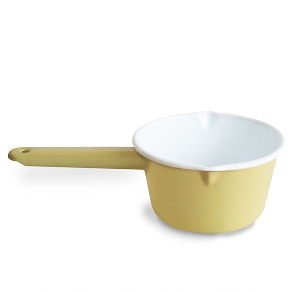 Dishy enamelware cafe milk pan, 14cm, in butter yellow with a white interior