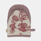 Raine & Humble berry half oven glove in natural linen with a burgundy blackberry print