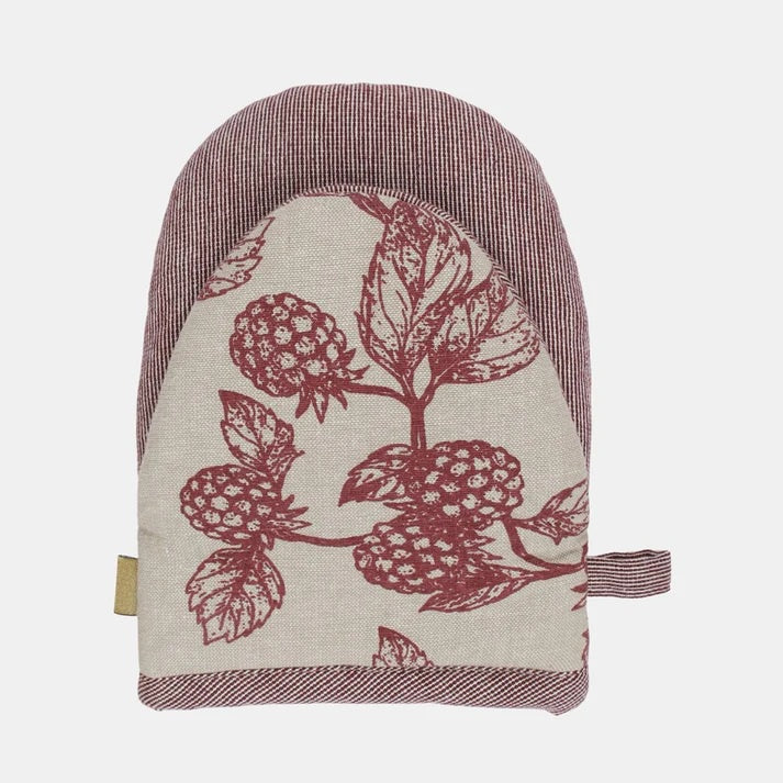 Raine & Humble berry half oven glove in natural linen with a burgundy blackberry print