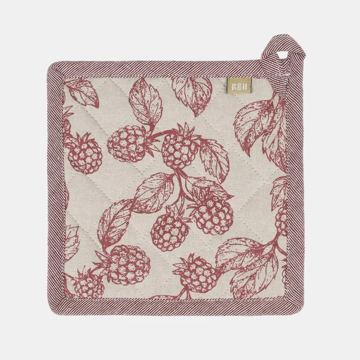 Raine & Humble Berry potholder and trivet set, two quilted pieces with a raspberry print