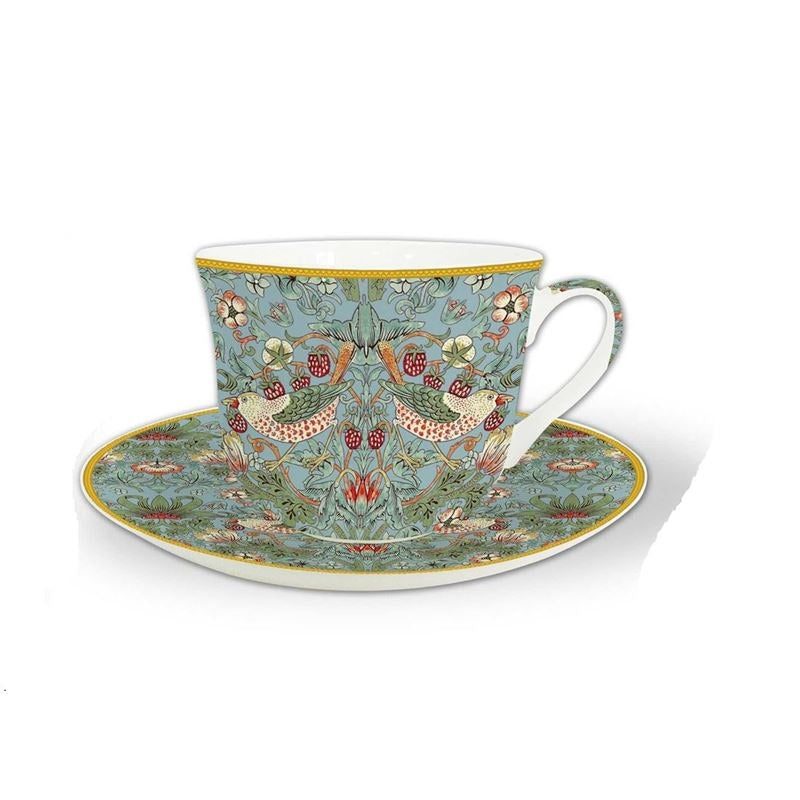 Heritage breakfast cup and saucer with a William Morris Strawberry Thief pattern in aqua