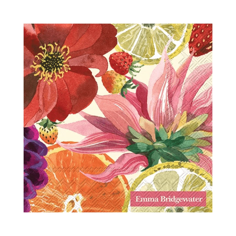 IHR cocktail napkin with an Emma Bridgewater Fruits and Flowers print of dahlias, strawberries and citrus