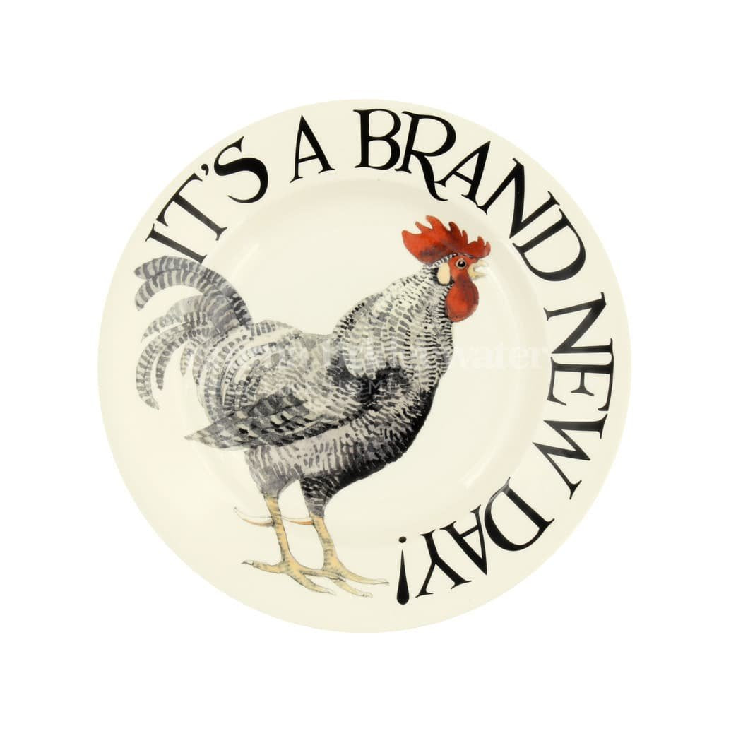 Emma Bridgewater Rise & Shine Brand New Day 8 1/2 inch plate with hens and lettering