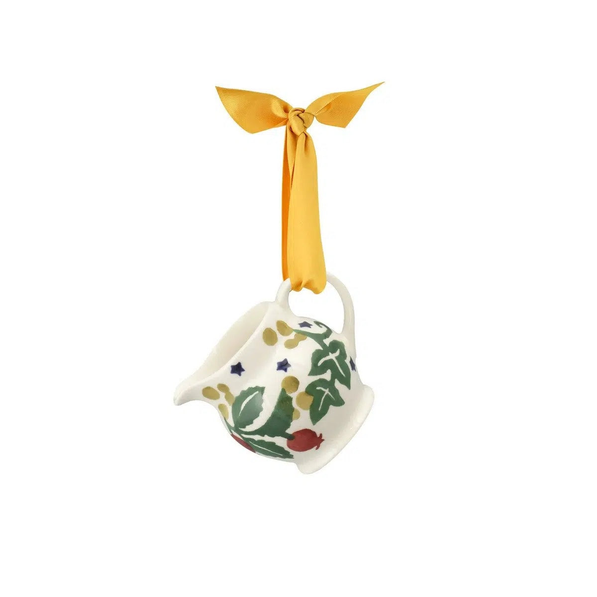 Emma Bridgewater Rosehip & Ivy tiny jug decoration hung from a yellow ribbon
