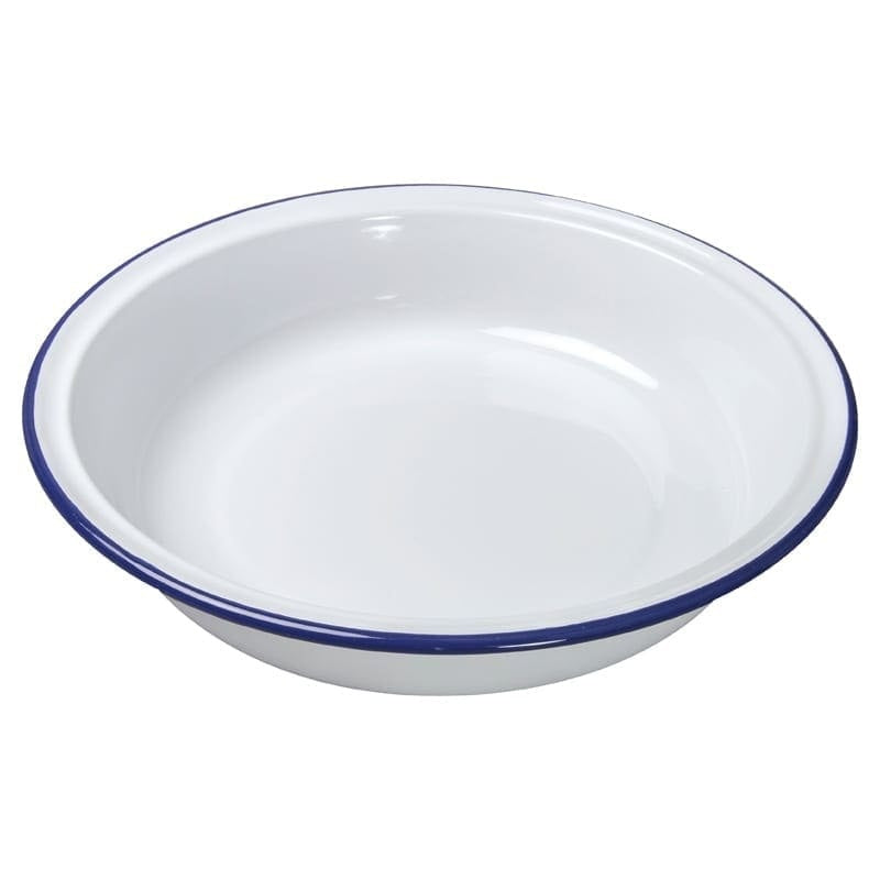Falcon Enamelware round pie dish, 18cm, in white with a navy rim