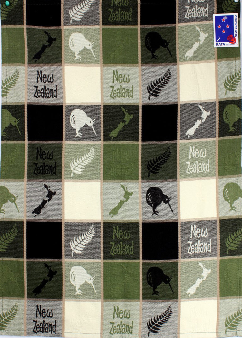 Map & Kiwi tea towel with a patchwork of New Zealand map tiles, ferns and kiwi birds in green and black