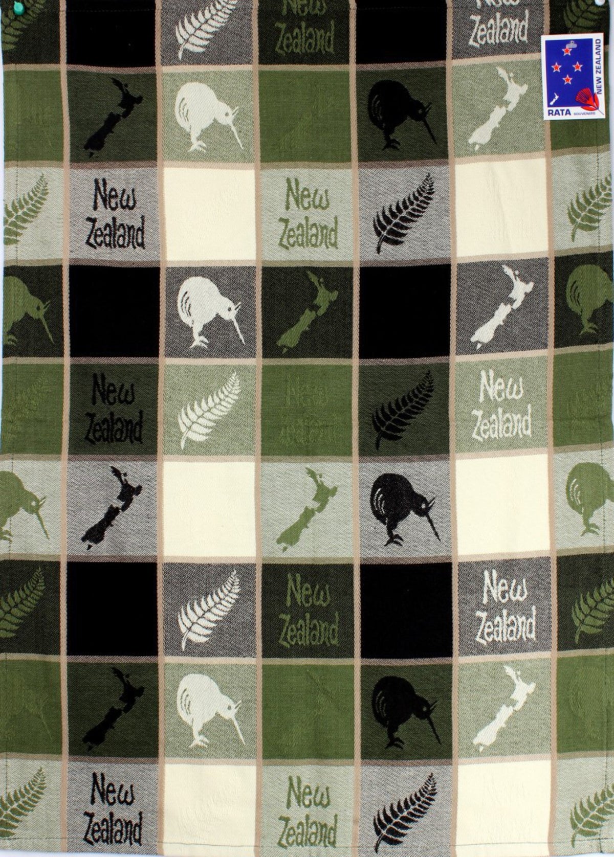 Map & Kiwi tea towel with a patchwork of New Zealand map tiles, ferns and kiwi birds in green and black