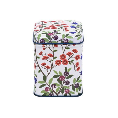 Sanderson square Foraging tin with red flowers, purple berries and green leaves on white