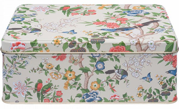 Sanderson Chinoiserie Hall deep rectangle bakery tin with birds, flowers and butterflies on cream