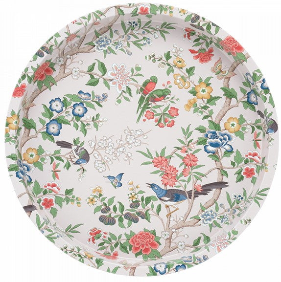 Sanderson Chinoiserie Hall deep well tin tray with a round shape, birds and flowers on cream