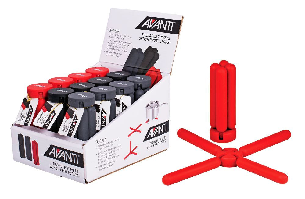Avanti silicone foldable trivet in red, shown beside a retail display box of trivets