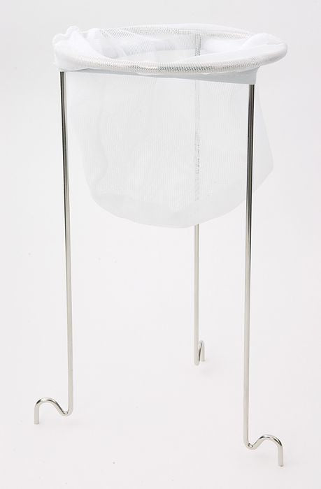 Dexam jelly strainer with a white cloth bag on a nickel plated stand