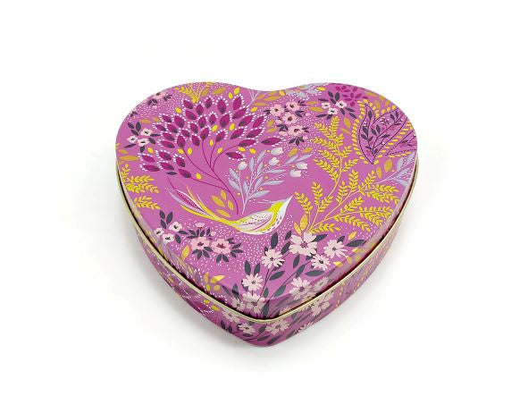 Sara Miller Haveli heart-shaped tin in pink with a floral and leaf design and a gold rim