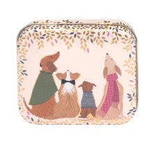 Sara Miller Dapper Dogs small rectangle tin in pink with dogs in coats and jumpers