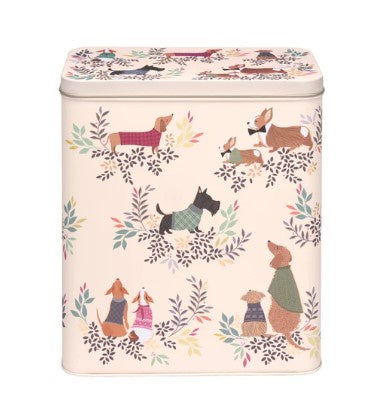 Sara Miller Dapper Dogs extra large caddy tin in pale pink with dogs in jumpers and leafy sprigs