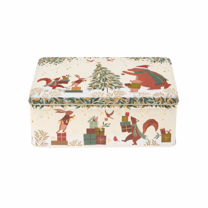 Sara Miller Woodland Bear deep rectangle tin in cream with a bear, rabbits, foxes and a Christmas tree
