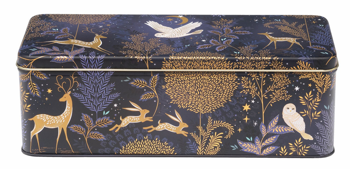 Sara Miller Vintage Christmas long deep rectangle tin with an illustrated deer and hare pattern