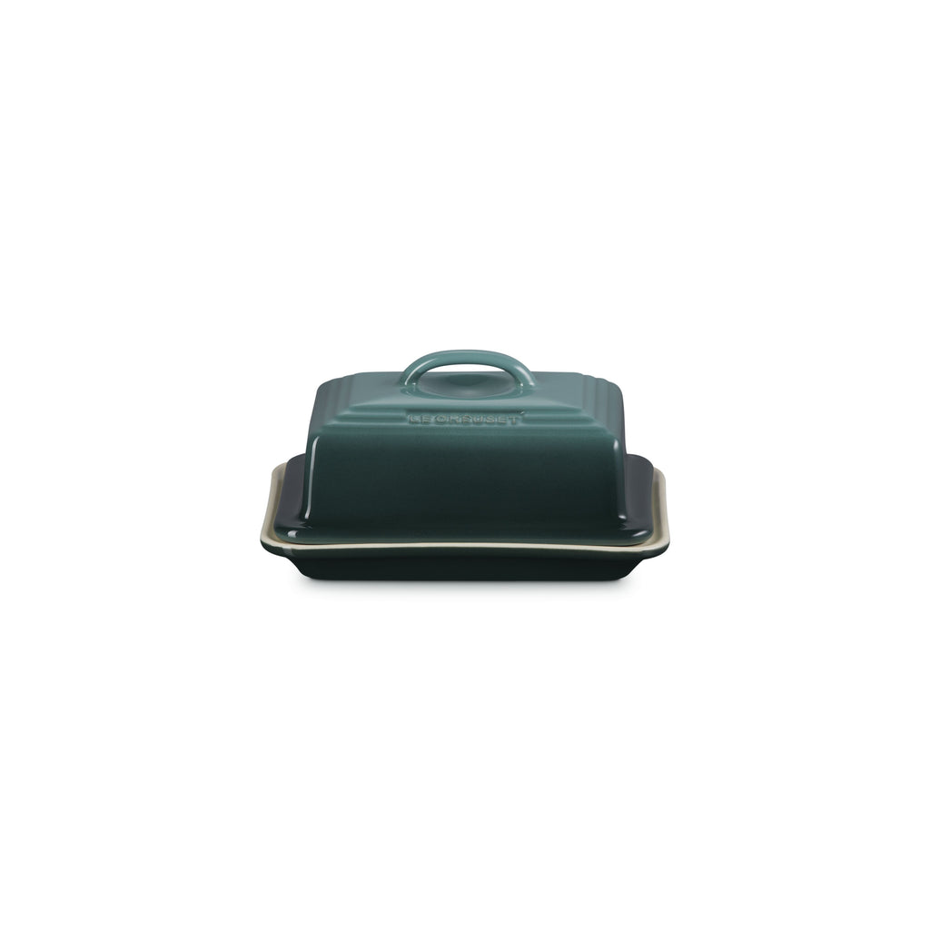Le Creuset butter dish in forest green with a domed lid