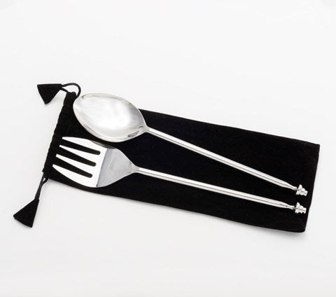 Salisbury coil salad servers, a spoon and fork with twisted stem handles, in a black pouch
