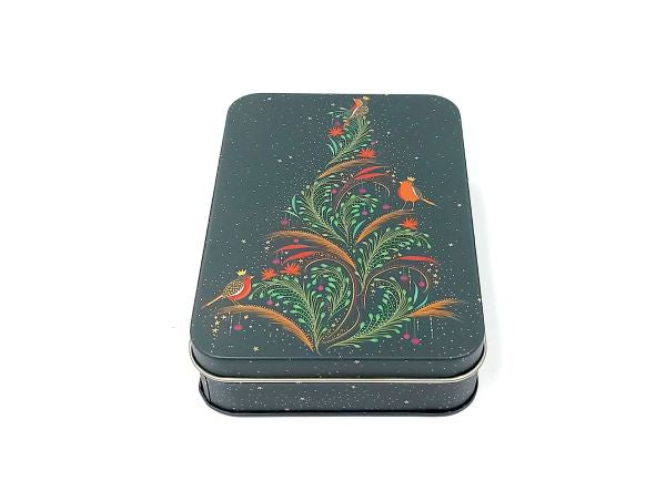 Sara Miller small rectangular tin in dark green with a Christmas tree of robins and swirling foliage