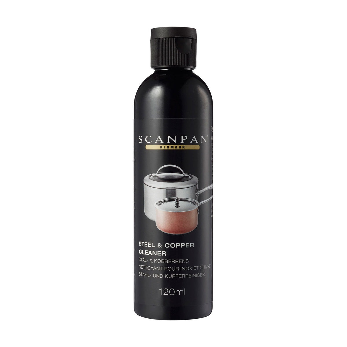 Scanpan Steel & Copper Cleaner 120ml, a black bottle with a label showing a saucepan set