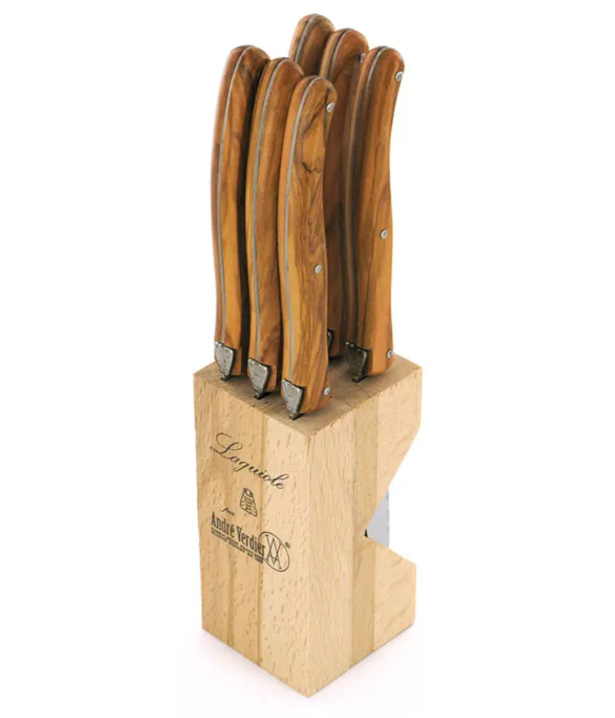 Andre Verdier Laguiole six piece steak knife set with olive wood handles in a beech block
