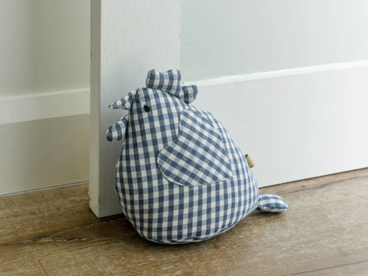 Raine & Humble Henrietta gingham doorstop shaped like a hen, in blue check
