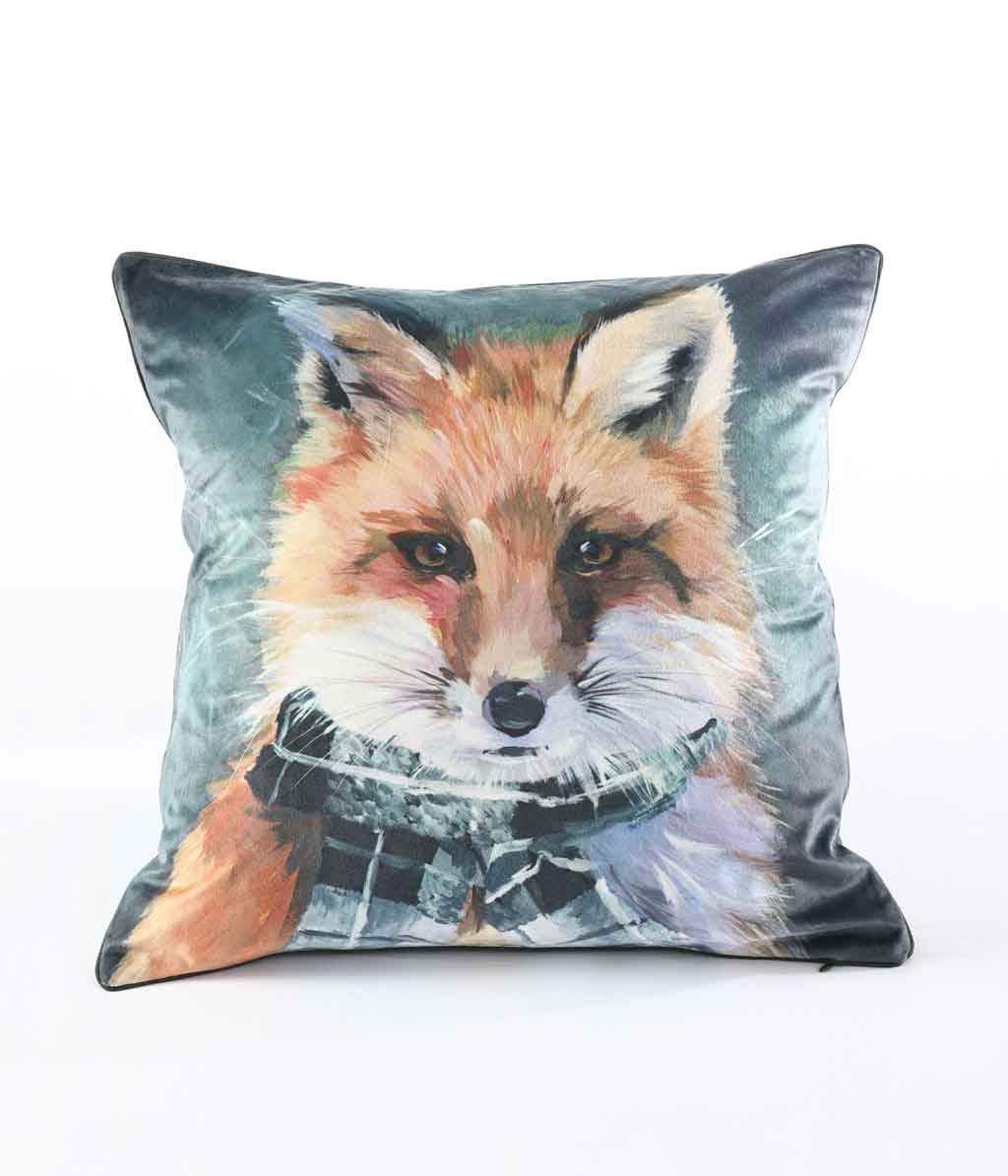 MM Linen Silverfox cushion with a portrait of a fox in a plaid scarf on velvet