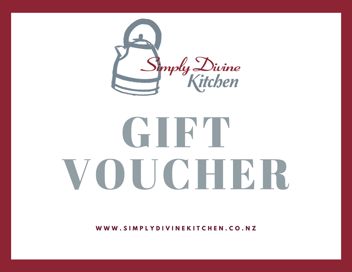 A gift voucher from Simply Divine Kitchen featuring a white background with a dark red border, a simple kettle illustration, and the text 'GIFT VOUCHER' in large gray letters.