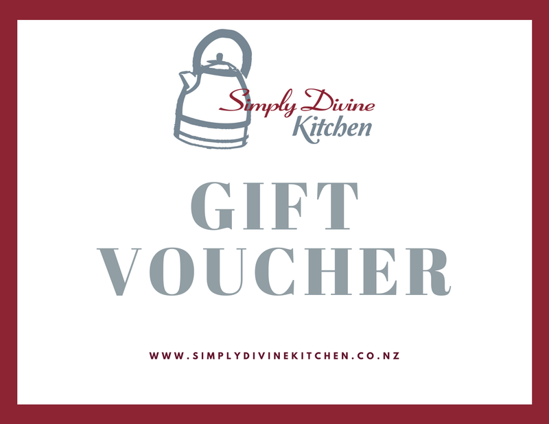 A gift voucher from Simply Divine Kitchen featuring a white background with a dark red border, a simple kettle illustration, and the text 'GIFT VOUCHER' in large gray letters.