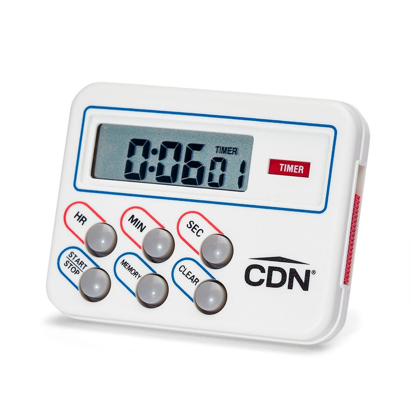 CDN multi task timer and clock in white with a digital display and six function buttons