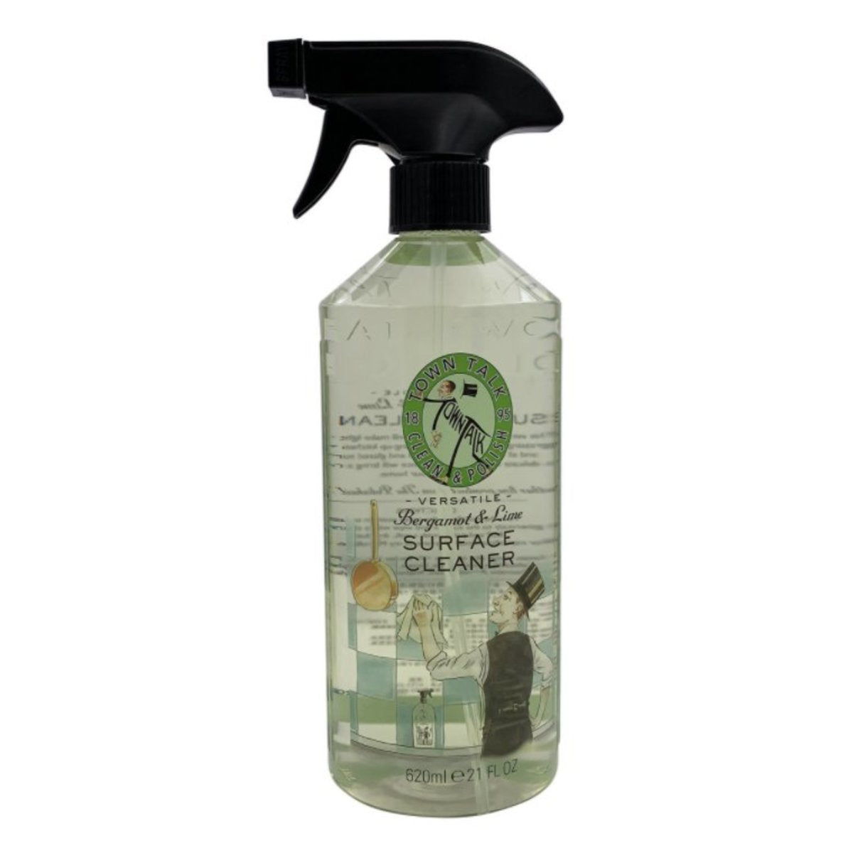 Town Talk Bergamot & Lime surface cleaner, a clear trigger spray bottle with a green label