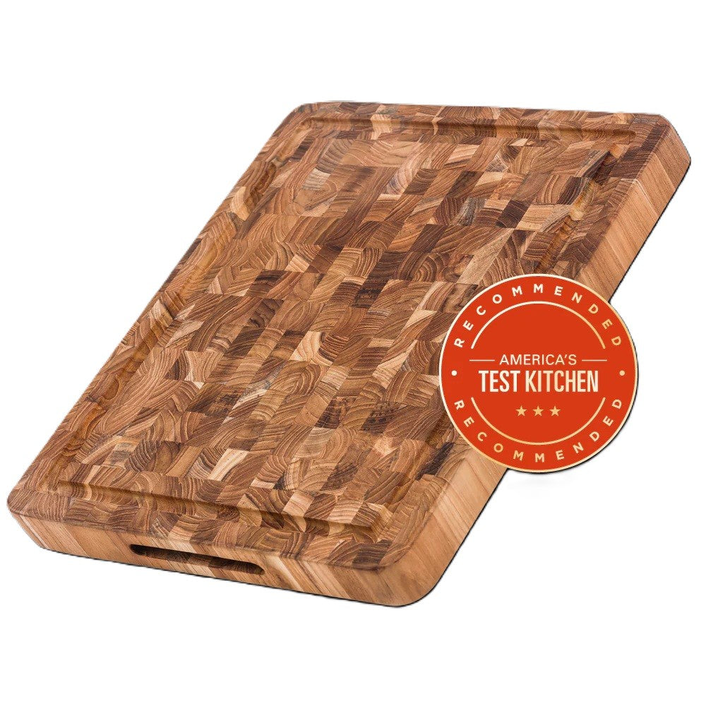 Teakhaus end grain teak butchers block board with a juice groove and handle cut-outs, 42x30x3.5cm