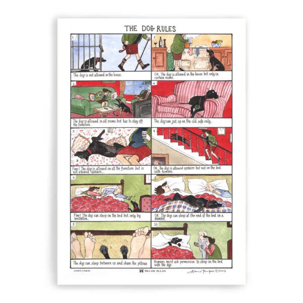 Samuel Lamont tea towel titled The Dog Rules, with comic strip panels of a dog and its owners
