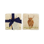 The Humble Hare Hairy Highlands coasters, two stone coasters with a Highland cow, one tied with a navy ribbon
