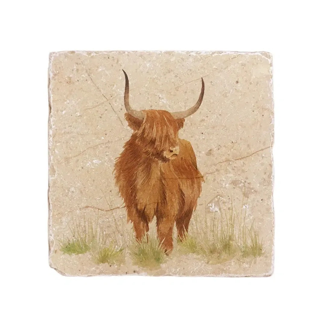 The Humble Hare Hairy Highlands medium platter, a square stone tile with a Highland cow