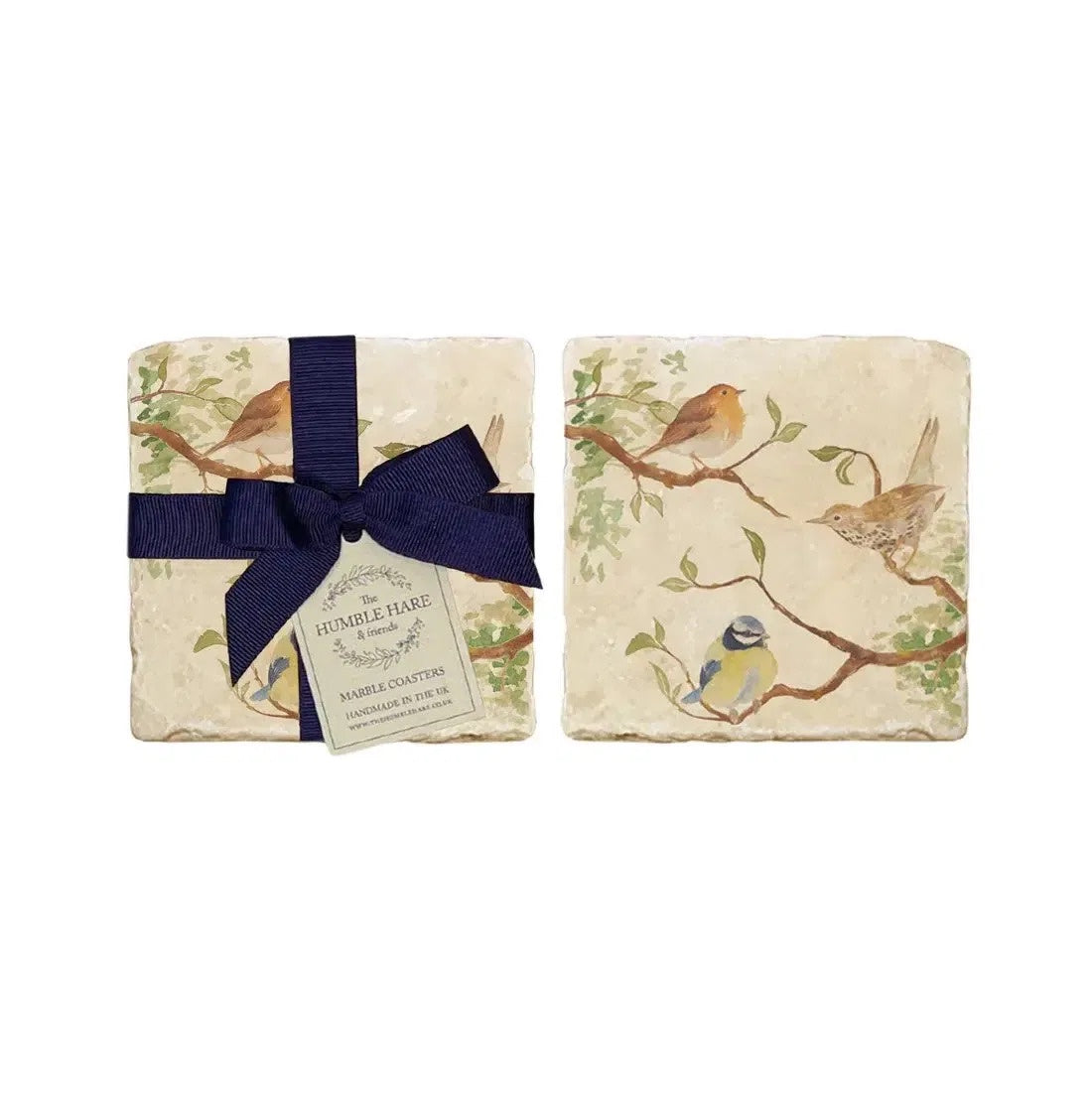 The Humble Hare Happy Hedgerow coasters, two stone coasters with garden birds, one tied with a navy ribbon