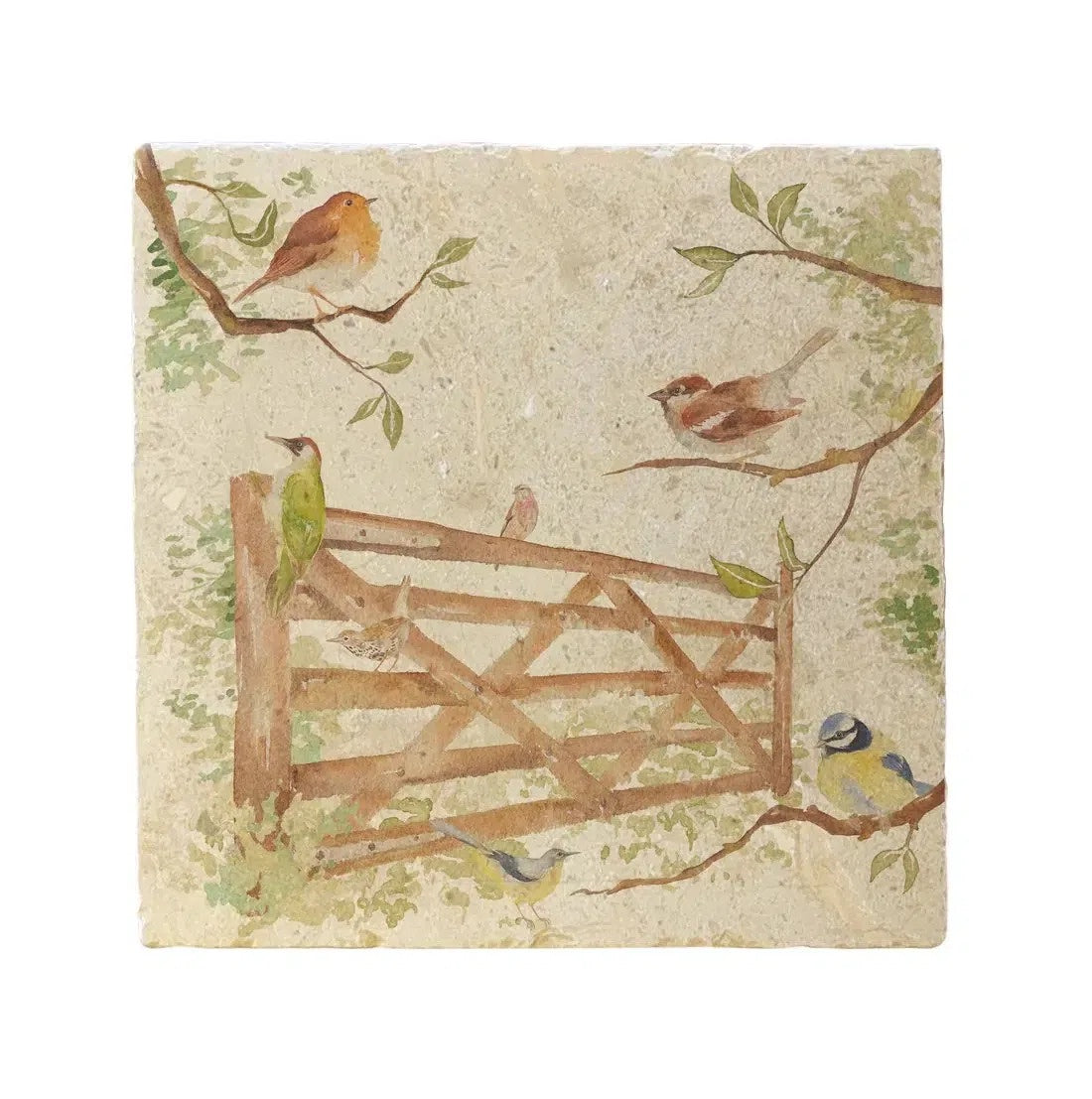 The Humble Hare Happy Hedgerow large platter, a stone tile with birds on a garden gate